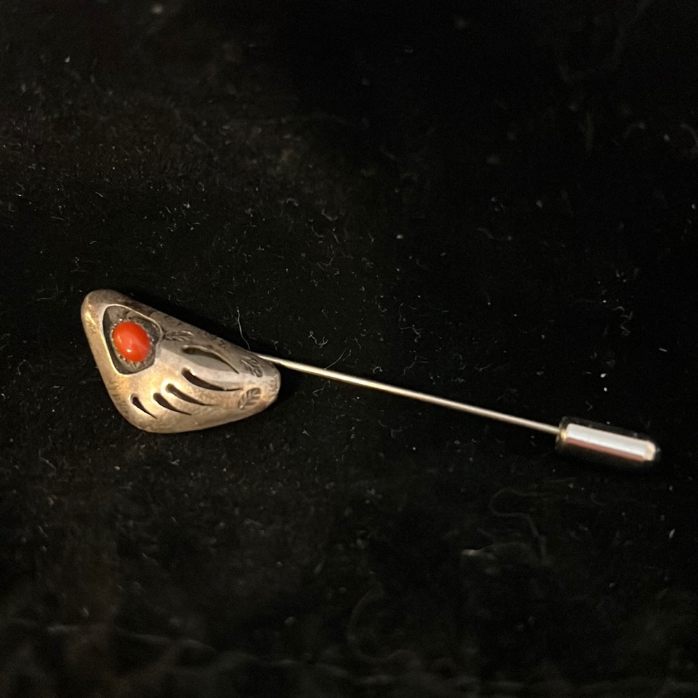 Old Pawn Native American bear paw feather coral sterling silver stick pin